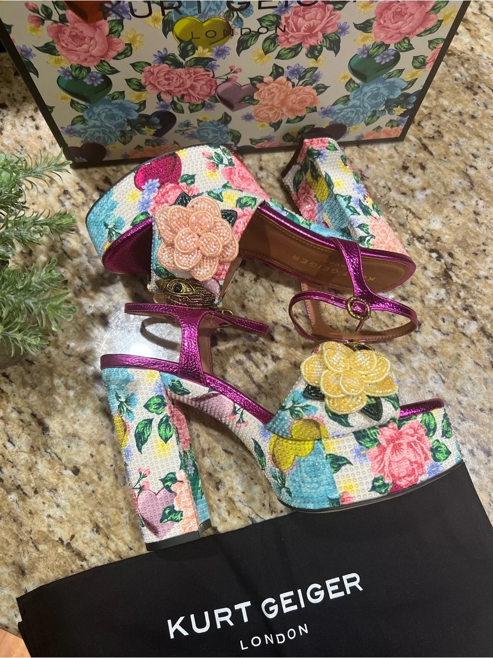 Kurt Geiger KENSINGTON Metallic Fuchsia Floral Beaded Platform Sandals 37